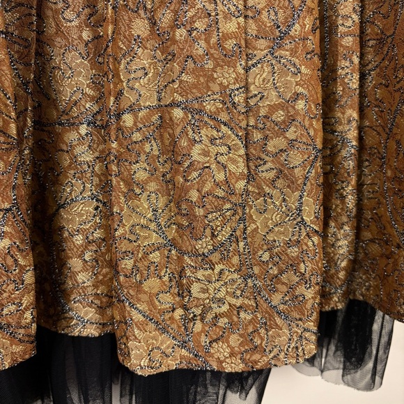 Vintage Gold Brocade Floral Midi Skirt Pleated Sheer Black Trim - Picture 5 of 7